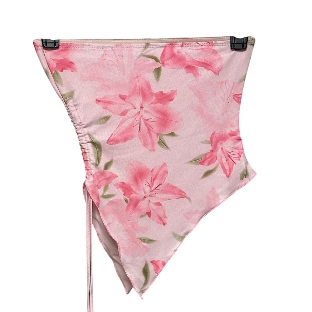 Pink Floral Mesh Tube‎ Top Womens Small Ruched Handkerchief Hem Strapless Y2K - Picture 2 of 8